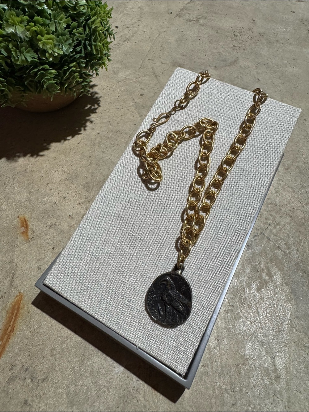 Vintage Chunky Coin Pendant Necklace Chain Gold Toned Brass Ancient 21”